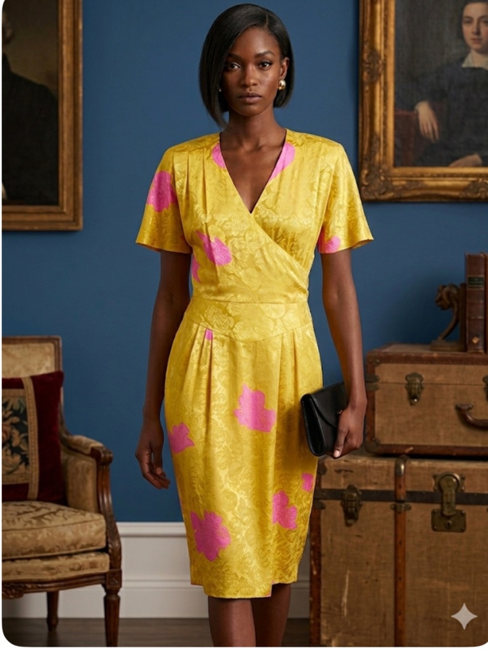 Vtg Flora Kung Neiman Marcus Silk Jacquard Wrap Dress Abstract Pink Yellow 14